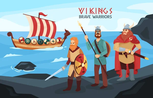 Viking Långskepp Flat Illustration — Stock vektor