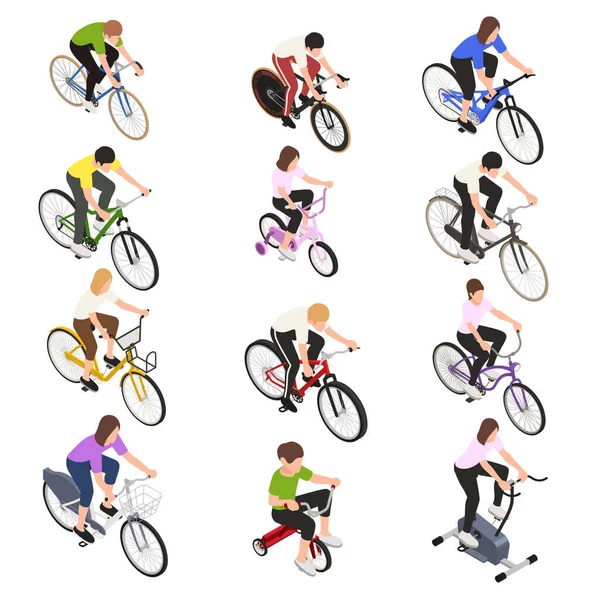 People Riding Bicycles Isometric Set — Stock Vector