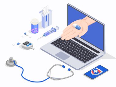 Teletıp Isometric Laptop Kompozisyonu