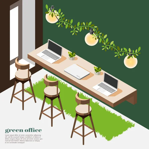 Yeşil Ofis Isometric Renkli Arkaplan — Stok Vektör