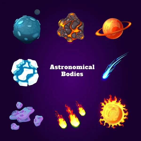 Cuerpos astronómicos juego de dibujos animados conjunto — Vector de stock