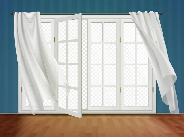 Open Window Curtains Composition — Stock Vector