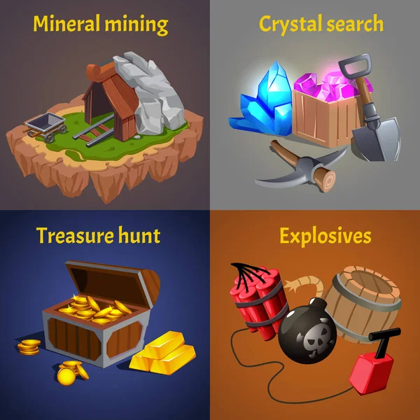 Conjunto de ícones de design de jogos de mineração de desenhos animados —  Vetores de Stock