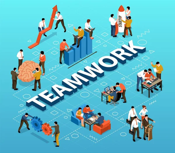 Teamwork Isometric Flowchart — Stock Vector