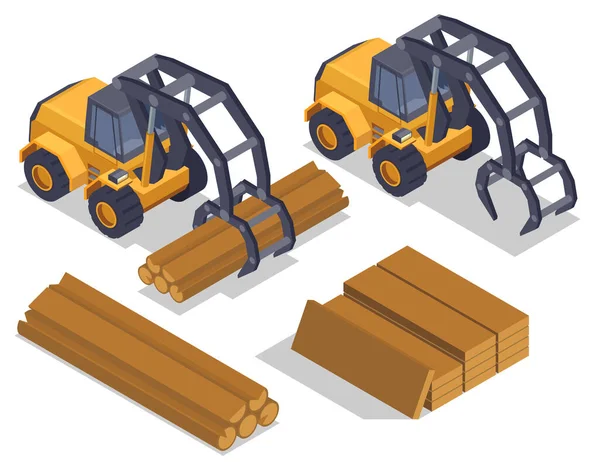 Sawmill Bulldozers Isometric Composition — Stock Vector