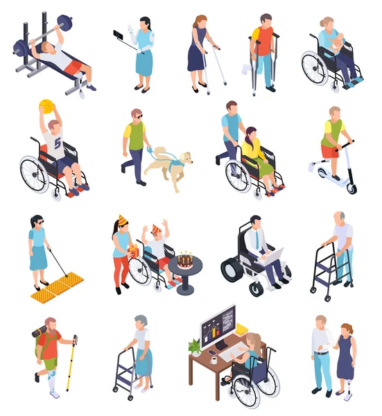 Ikony osób niepełnosprawnych Zestaw ikon izometrycznych — Wektor stockowy