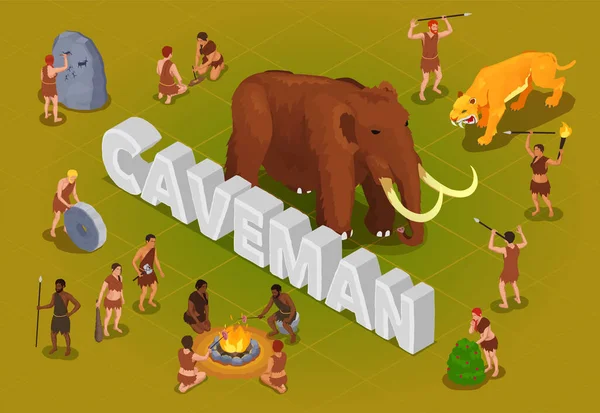 Caveman Isometric Text Composition — Stock Vector