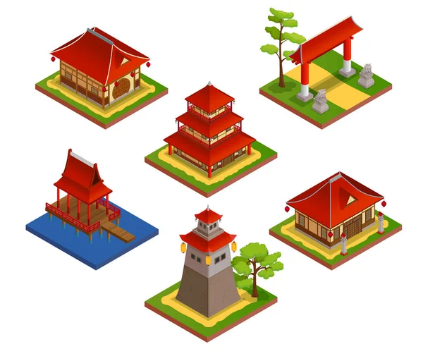 Asian Buildings Isometric Set — Stock Vector