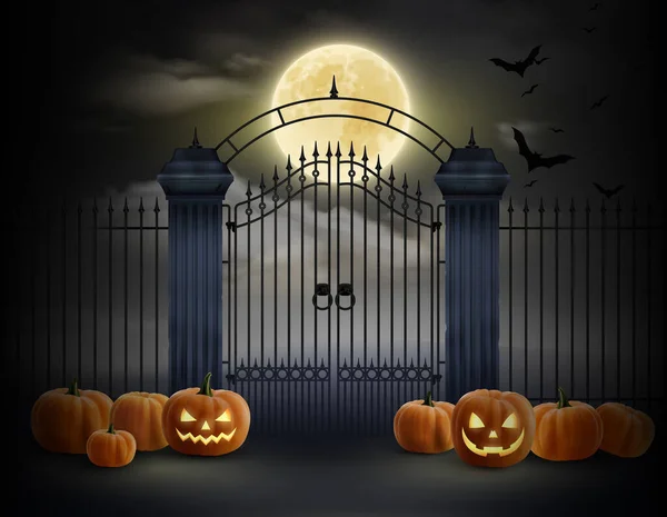 Old Cemetery Gates And Laughing Pumpkin — Stock Vector