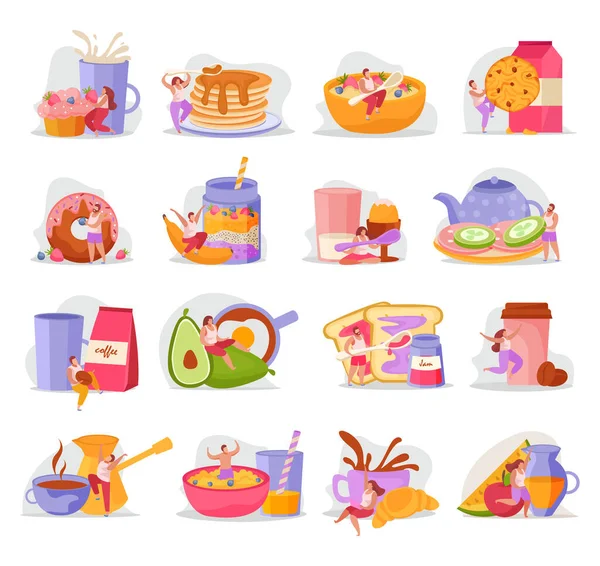 Pessoas com pequeno-almoço conjunto de ícones planos —  Vetores de Stock
