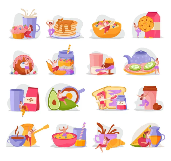 Conjunto de iconos de personas con desayuno plano — Vector de stock