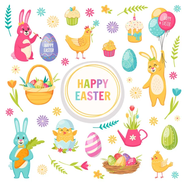 Szczęśliwego Wielkanocnego zestawu kreskówek — Wektor stockowy