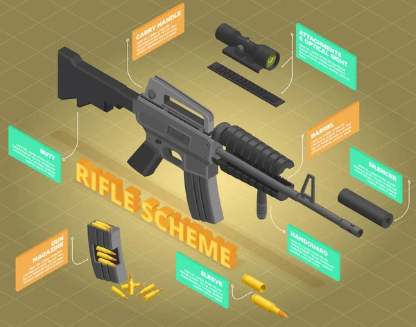 Esquema de fusil Infografías isométricas — Archivo Imágenes Vectoriales