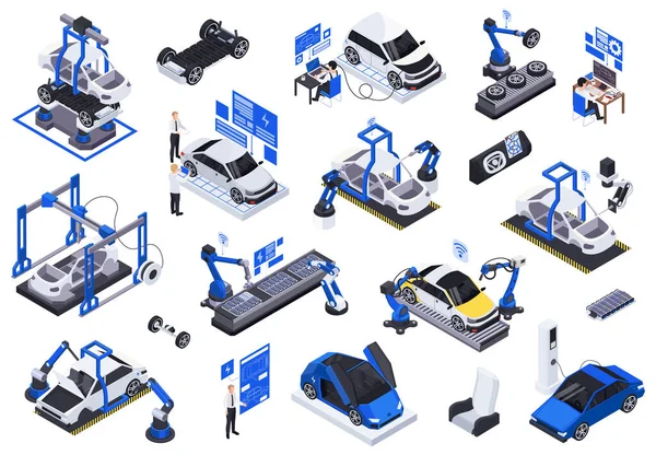 Iconen voor de productie van elektrische voertuigen — Stockvector