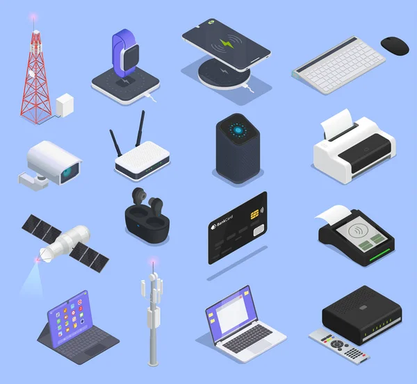 Conjunto de iconos isométricos de tecnologías inalámbricas — Vector de stock