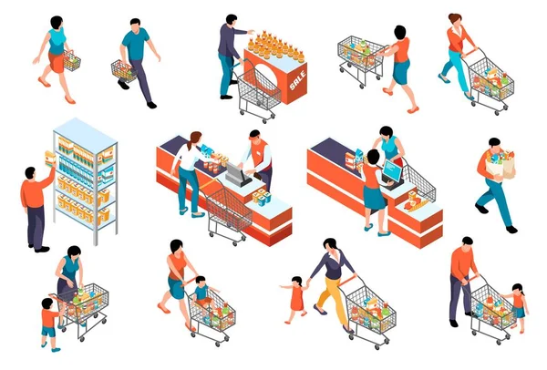 Conjunto de pessoas de supermercado isométrico —  Vetores de Stock