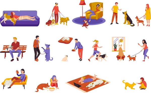 People With Dogs Set — Stock Vector