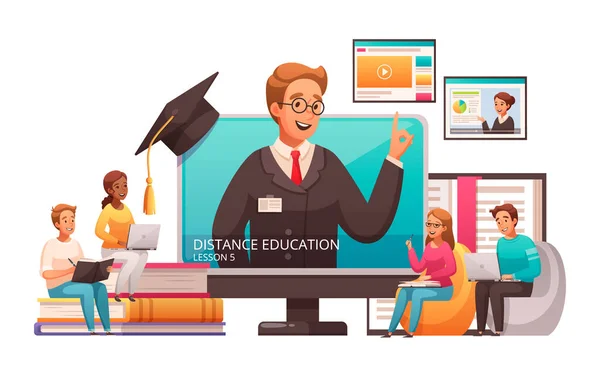 Online Onderwijs Cartoon Samenstelling — Stockvector