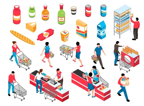 Set de iconos de supermercado isométrico — Vector de stock