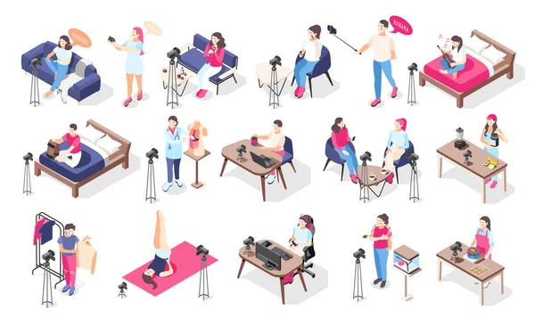 Bloggers Vloggers Isometric Icons Set — Stock Vector