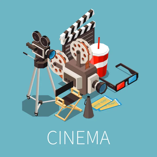 Cinema Essentials Isometric Composition — Stock Vector