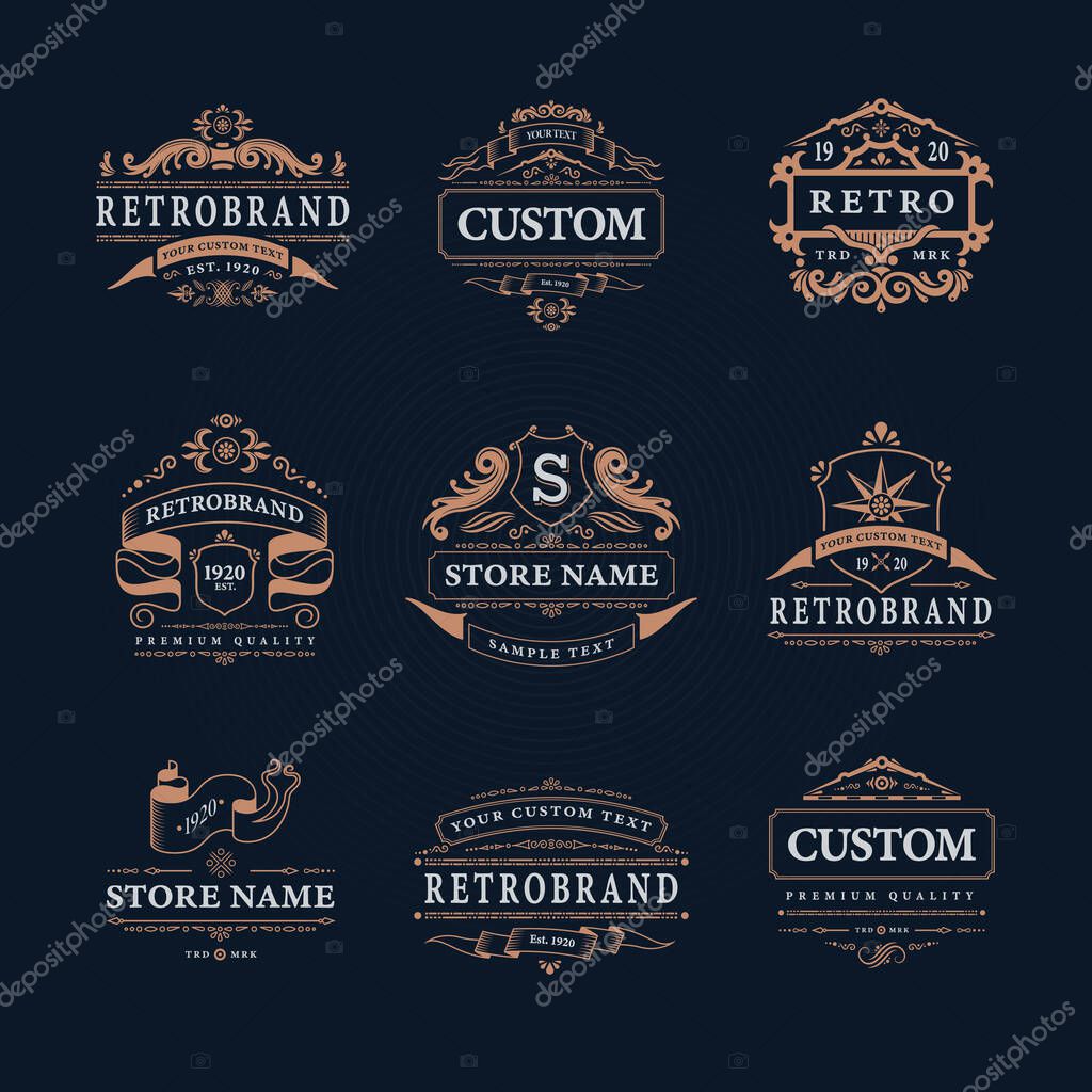Retro vintage design emblems luxury logos collection with isolated logotypes of classic store names with decorations vector illustration