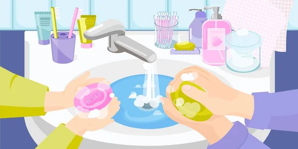 Composición plana de las manos de lavado — Vector de stock