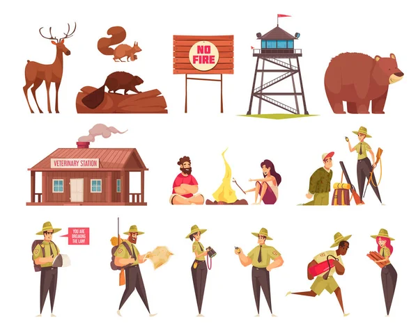 Conjunto de iconos de dibujos animados Forest Ranger — Vector de stock