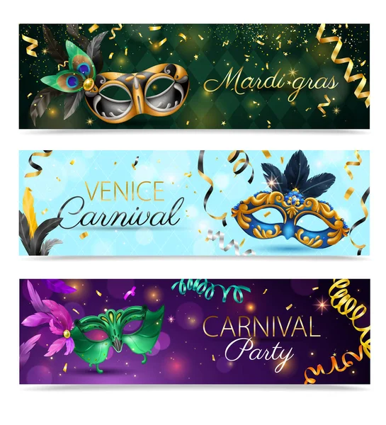 Realistische Carnaval Masker Horizontale Banner Set — Stockvector
