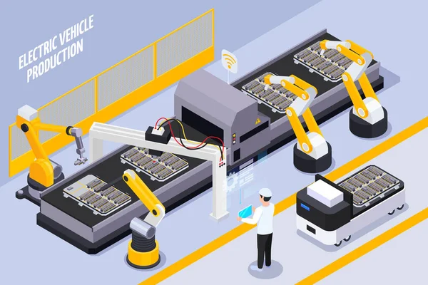 Produzione di veicoli elettrici Isometrica — Vettoriale Stock