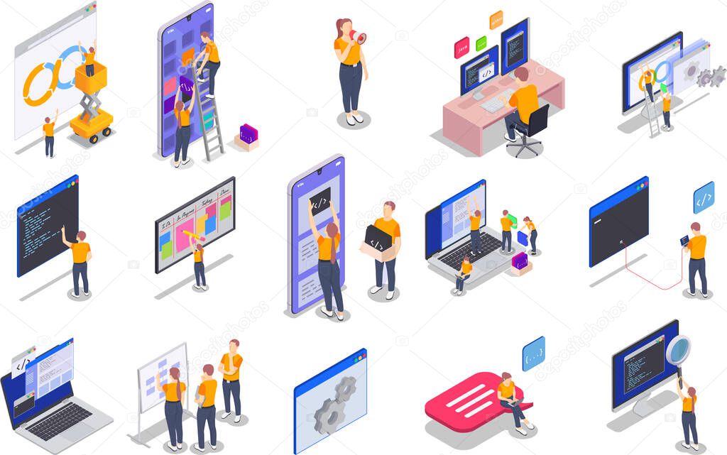 Colored Programming Coding Development Isometric Icon Set