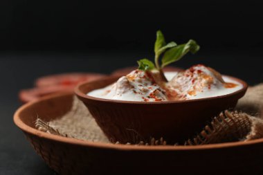 Dahi Vada, Hindistan 'da Holi' nin popüler Hint fast food 'udur. Toprak kasesinde servis ediliyor. (Holi gıda konsepti)