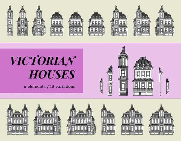 Viktoriánská sbírka domů. kombinace architektonických prvků Vektorová Grafika