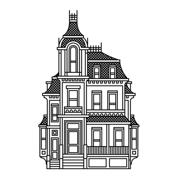Красивый викторианский дом. простой черно-белый векторный рисунок — стоковый вектор