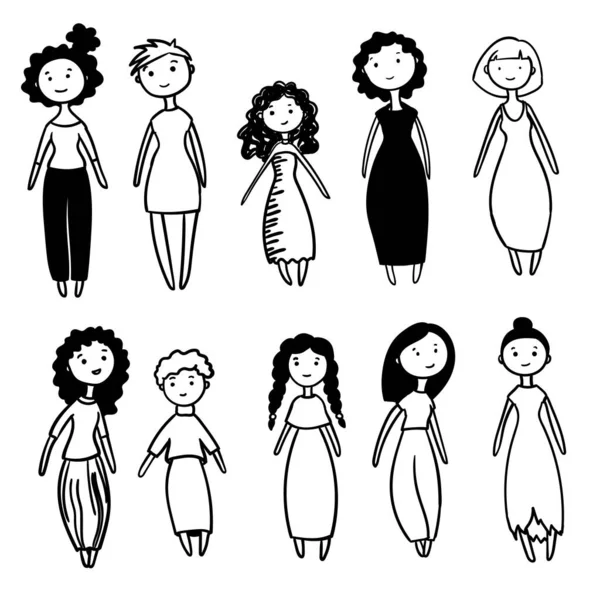 Chicas simples lindas. personas felices con estilo. diferentes peinados y vestidos — Vector de stock