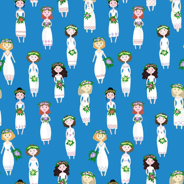 Yaz ortası festivali kutlaması, yaz tatili. Beyaz elbiseli sevimli mutlu kızlar.