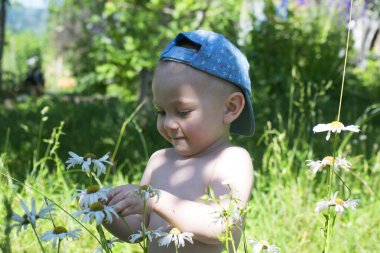 Şirin sarışın bebek papatya çiçeğiyle oynuyor.