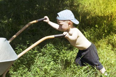 Şirin sarışın çocuk uzun otların arasında yeşil bir çayırda bir inşaat el arabasıyla oynuyor.