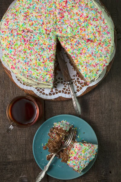 Cake Colored Sprinkles Blue Plate Piece Cake Mug Tea Cutlery — Stock Photo, Image