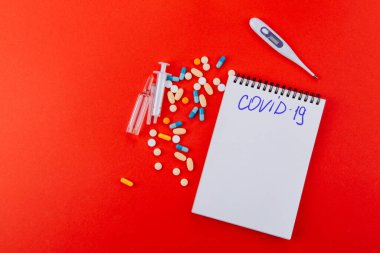 Not defteri, ilaçlar, termometre, şırınga ve ilaç ampulleri. .