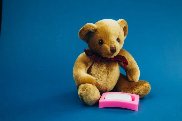 Juguete oso se sienta con jabón de juguete sobre un fondo azul . — Foto de Stock