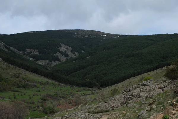 Krajobraz Górski Zachmurzonym Niebem Pięknymi Odcieniami Zieleni Bieli Błękitu Park — Zdjęcie stockowe