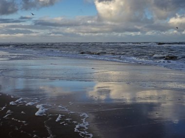 Hollanda 'nın Noordwijk plajında bulutlar yansıyor