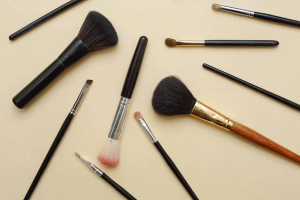 Assortment of feminine make-up various facial brushes. Flat lay
