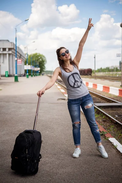 Happy Pretty Girl Suitcase Railway Track — Stock Photo, Image