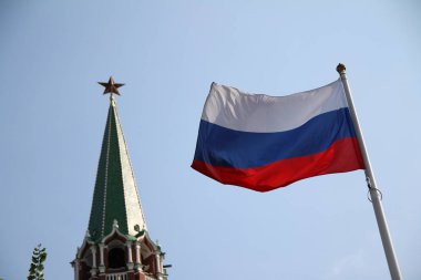 Arkasında Kremlin olan Rus bayrağı.