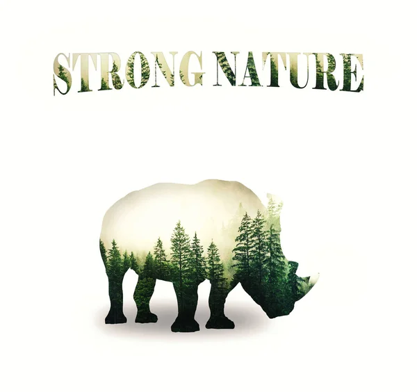 Rhino Forest Double Exposure Concept Power Nature Build Strong Healthy — Stock Photo, Image