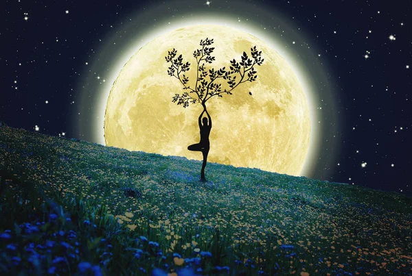 Silueta Niña Árbol Luna Grande Fondo —  Fotos de Stock