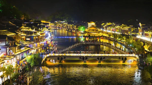 Noite Luzes Vista Fenghuang Ancient Town China Fotografia De Stock