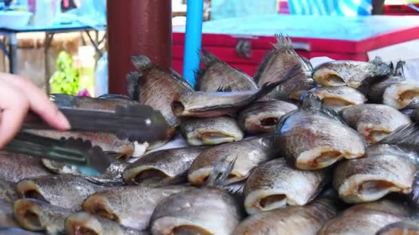 Person Som Säljer Torkad Fisk Vanligtvis Utanför Gatuförsäljarna Gatumarknaden Thailand — Stockvideo